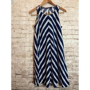 Land's End Linen Dress Womens Small Navy Striped Kaftan Tent Beachy Pockets